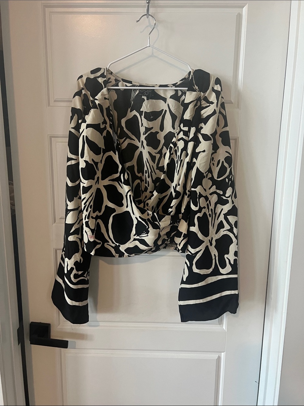 Black and Cream Abstract Draped Wrap Blouse